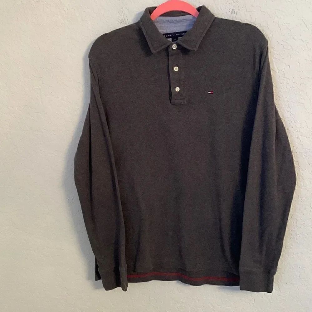 Tommy Hilfiger Custom Fit Long Sleeve Gray Polo Shirt Size L